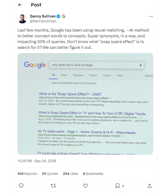 Danny Sullivan Tweet on Google Neural Matching