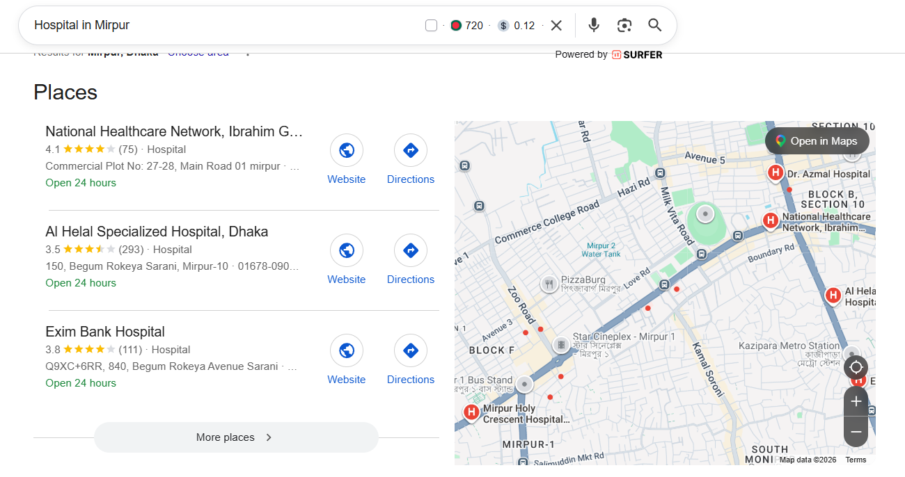 hospital in mirpur keyword map grid